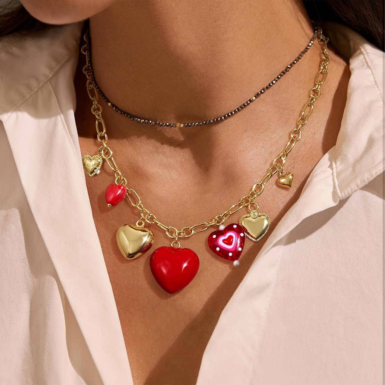 KissYan Heart Charm Necklace for Women, 14K Gold Plated Chunky Red Love Heart Pendant Link Chain Fashion Jewelry Gifts - Image 3