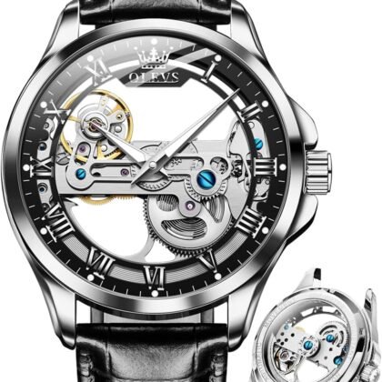 OLEVS Skeleton Watches for Men Automatic Self Winding Mechanical Luxury Dress Leather Waterproof Luminous Men Wrist Watch