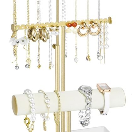 Jenseits 3-Tier Jewelry Holder Organizer:17.1" Adjustable Hanger, Velvet Ring Tray, Metal Aesthetic Display Stand for Necklaces, Earrings, Bracelets, Watches, Gold Jewelry Storage Tower Tree for Women