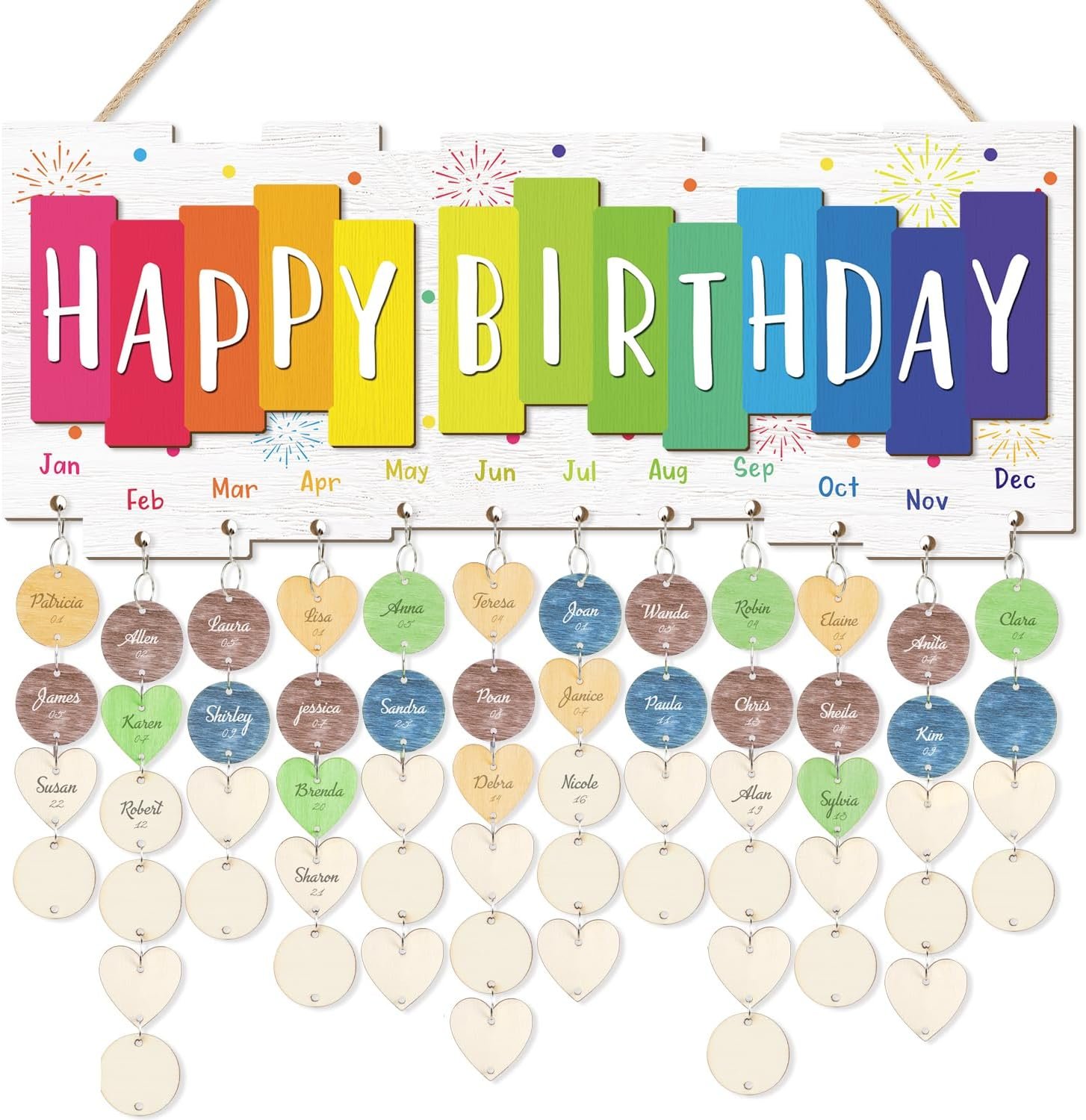 TOARTi 3D Birthday Calendar Wall Hanging with 100 pcs DIY Tags, Colorful Pastel Family Birthday Calendar Wooden Board(15.9''x6.5''), Celebrations Reminder Tracker Plaque for Home Office Classroom
