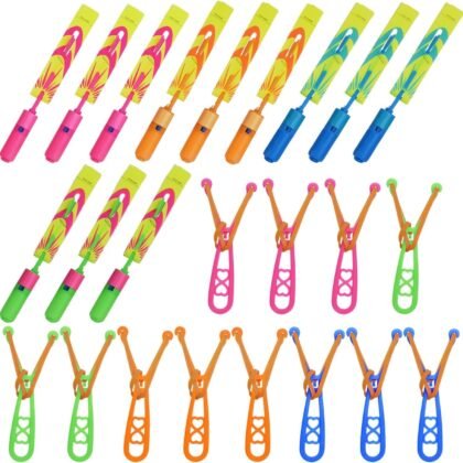Slingshot Flying Toys Set with LED Lights - 12 Pcs Kids Outdoor Game with 12 Launchers + 12 Arrow Helicopters, Glow in The Dark Party Supplies
