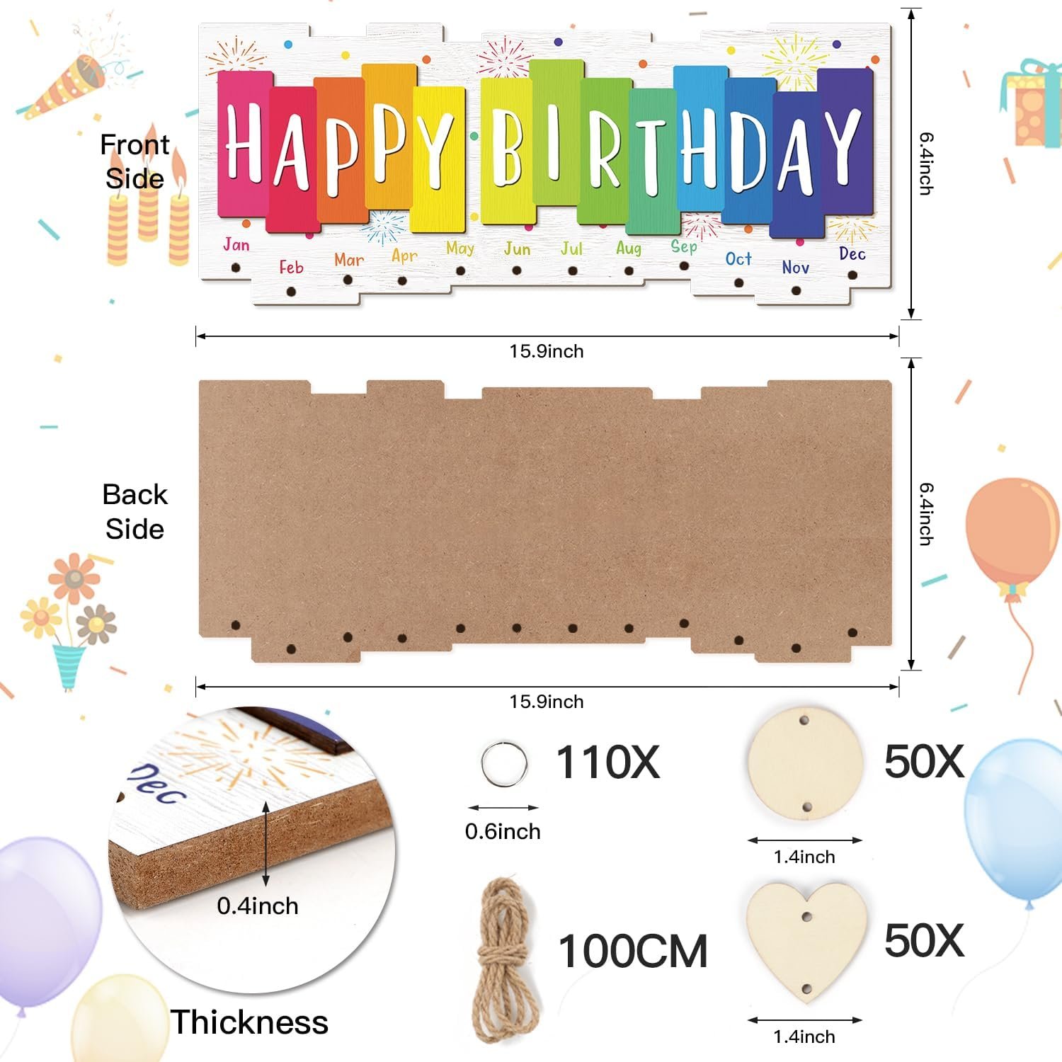 TOARTi 3D Birthday Calendar Wall Hanging with 100 pcs DIY Tags, Colorful Pastel Family Birthday Calendar Wooden Board(15.9''x6.5''), Celebrations Reminder Tracker Plaque for Home Office Classroom - Image 2