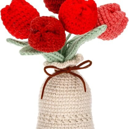 Marsui Crochet Knitting Tulip Bouquet with Vase 7" Knitted Artificial Forever Tulip Handmade Woven Flower with Exquisite Pot Gift for Valentine's Day Back to School Gift Family Home Desk Decor(Red)