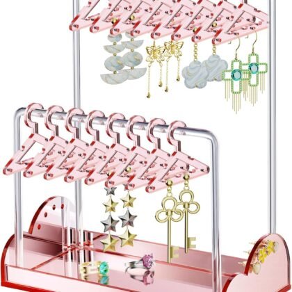 NiHome Acrylic Earring Holder with Unique Double-Tiered Design, Cute Miniature Clothing Hangers with Spacious Storage for 48 Pairs, Display for Home Vanity & Retail Showrooms (Rose Gold, With Tray)