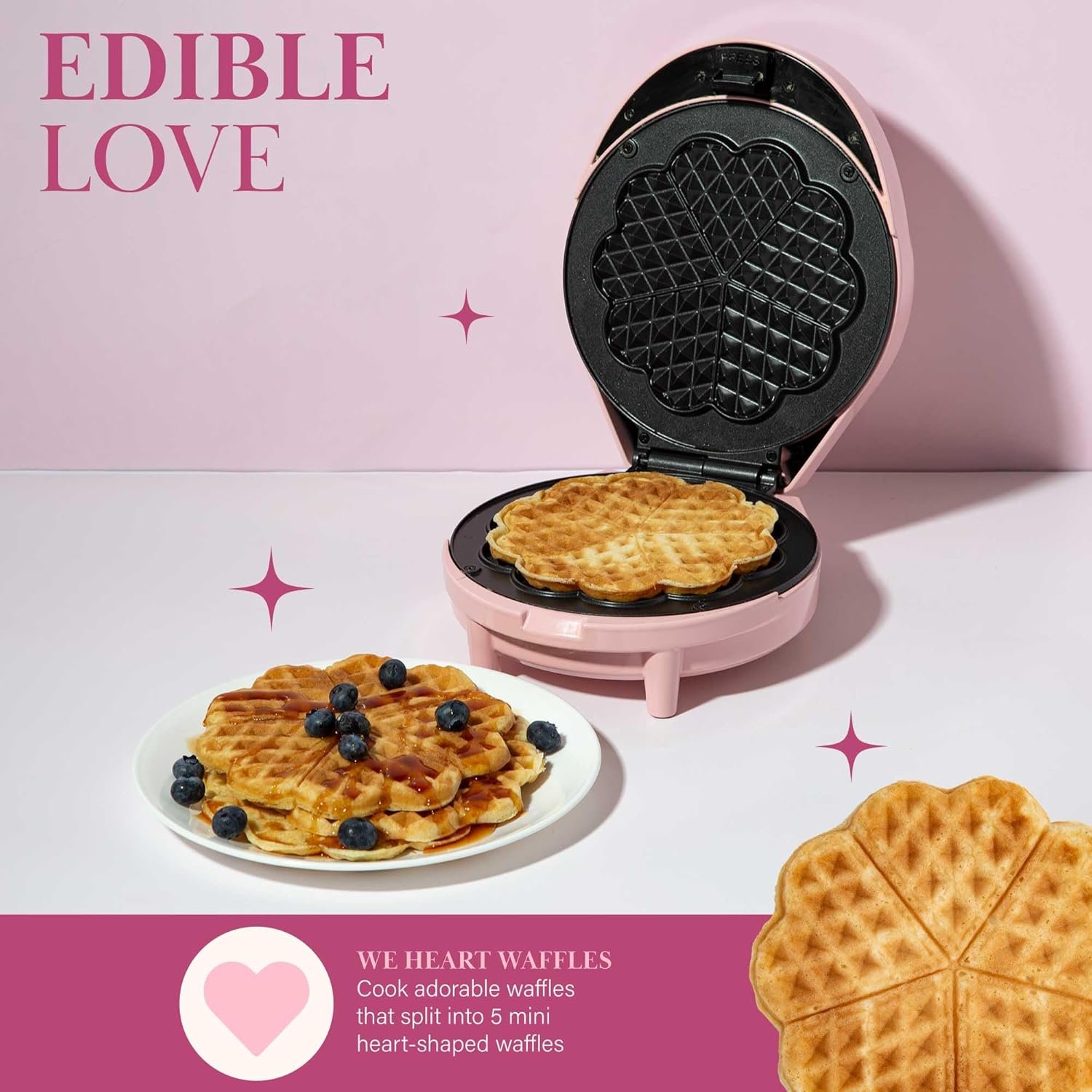 Paris Hilton Heart Waffle Maker, Makes 5 Mini Heart Shaped Waffles or 1 Individual Waffle, Easy to Clean 6" Nonstick Plates, Made without PFAS or PFOA, Electric Waffle Iron, Pink - Image 4