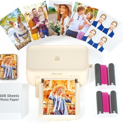 iDPRT 4×6 Photo Printer, Portable Color Picture Printer, Thermal Sublimation Mini Picture Printer, Bundle 108 Sheets Photo Paper & 2 Ribbon Cassette, Photo Printer for iPhone & Android