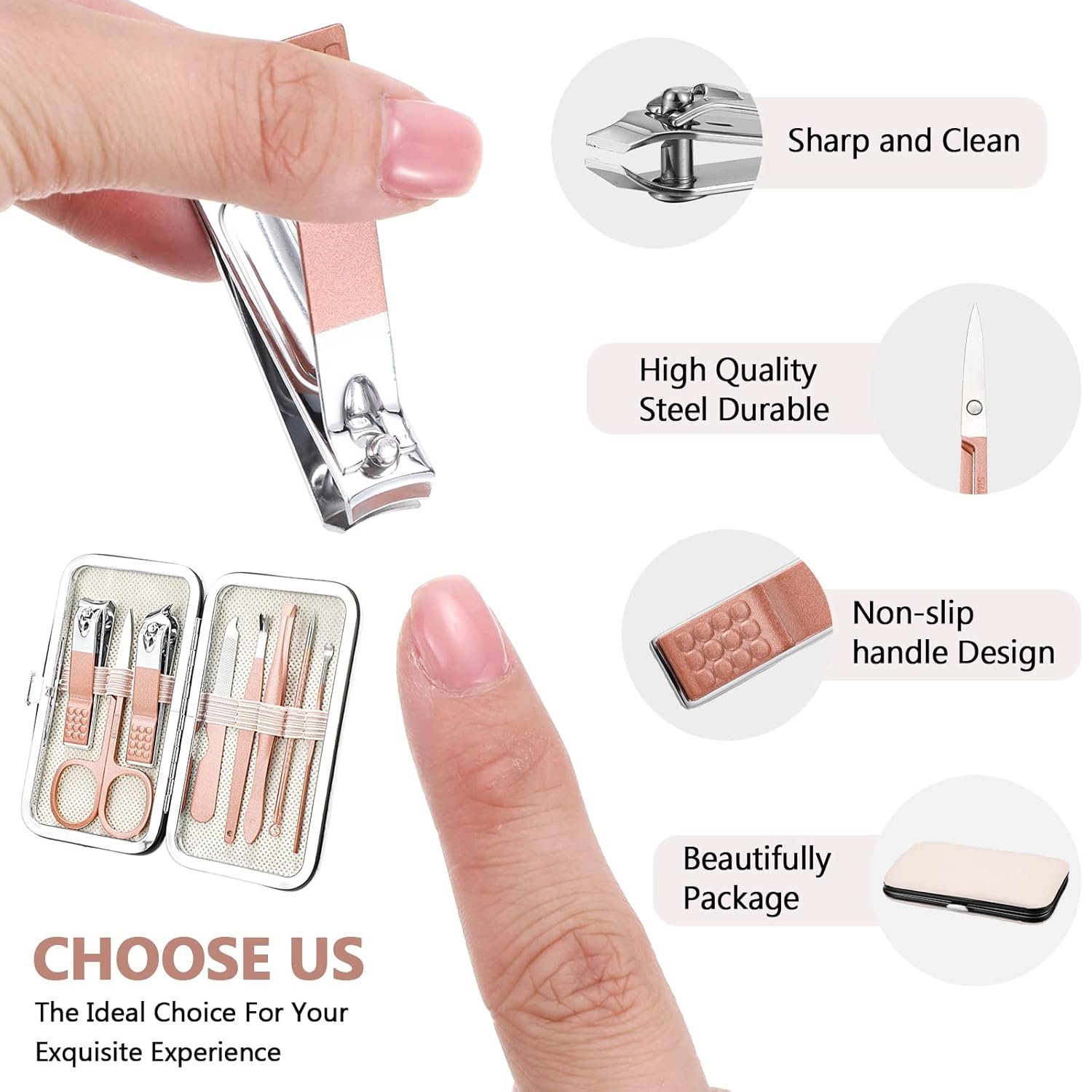 Hanaive 6 Set Manicure Set 48 Pcs Nail Clippers Pedicure Kit Gift for Mother's Day 8 in 1 Stainless Steel Grooming Kit Professional Nail Care Tools with Luxurious Travel Case for Men Women(Rose Gold) - Image 3