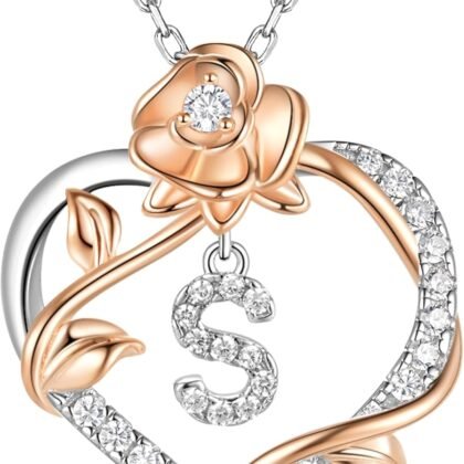 Rose Heart Letter Initial Necklace for Women, S925 Sterling Silver Pendant Necklace Adjustable Dainty Rose Flower Jewelry Gift for Her