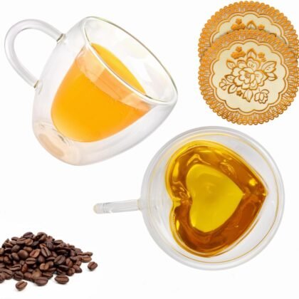 Double Wall Heart Shaped Coffee Mugs Set of 2, Espresso Glass Cups with Handle, for Coffee, Latte, Tea, Wine cup, Party, Gifts, 8oz/240Ml (with Exquisite Coasters)