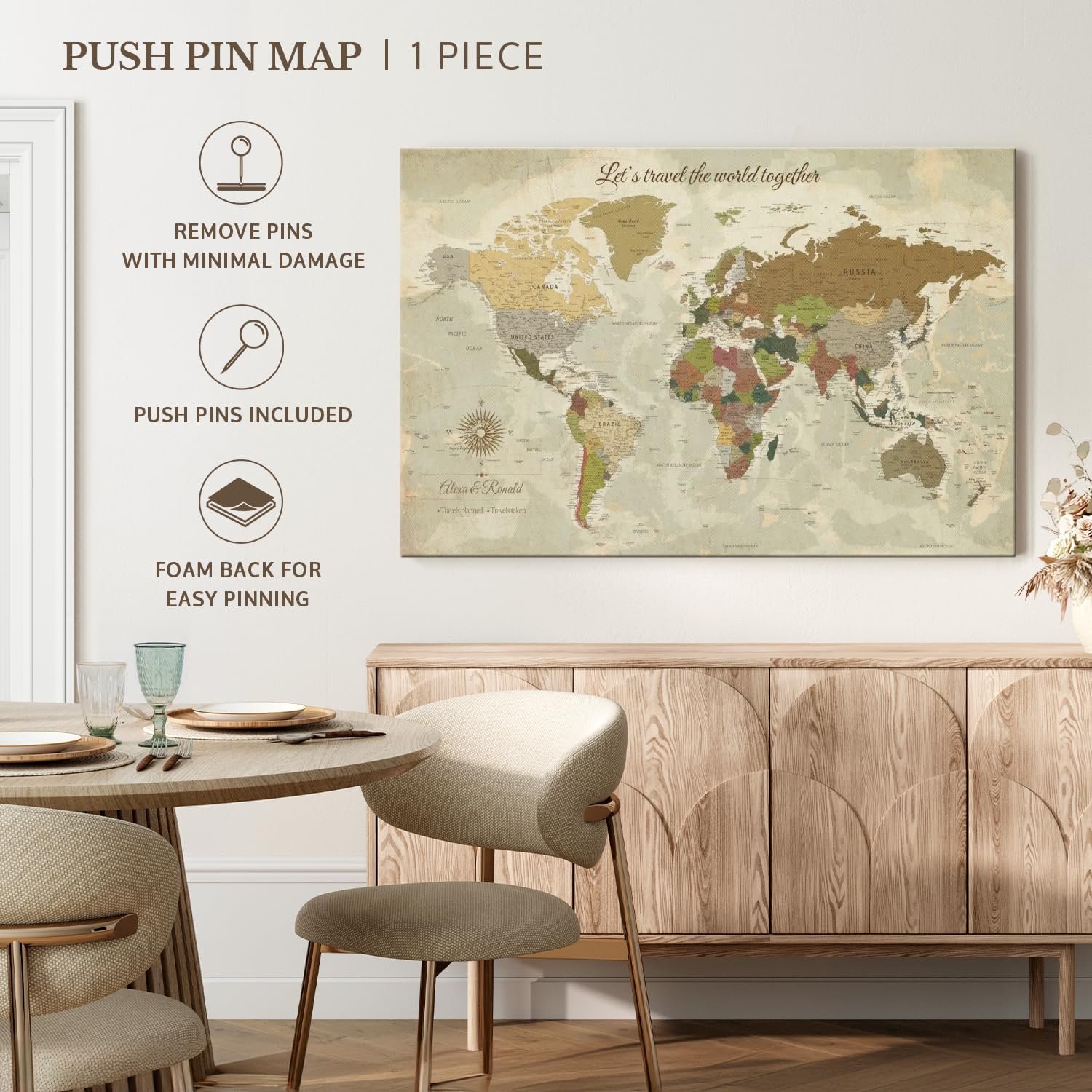 ElephantStock - Personalized Travel Together I Push Pin World Map Wall Art - Horizontal Canvas Wall Art - Living Room Wall Decor - Digital Art Map Canvas Art - Brown And Yellow Decor - 24" x 16" - Image 7