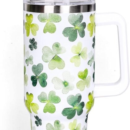 Whaline 40oz St. Patrick's Day Tumbler with Handle Straw and Lid Watercolor Shamrock Travel Tumbler Irish Clover Coffee Cup for Holiday Birthday Party Favors