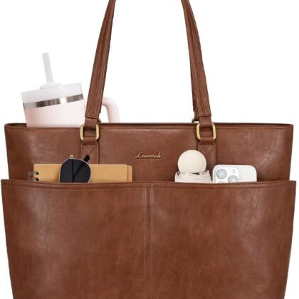 LOVEVOOK 15.6 Inch Laptop Bag for Women, Vintage Leather Work Tote Bags with Large Cup Holder, Teacher Nurse Medical Professional Computer Bag, Office Briefcase Handbag Gift