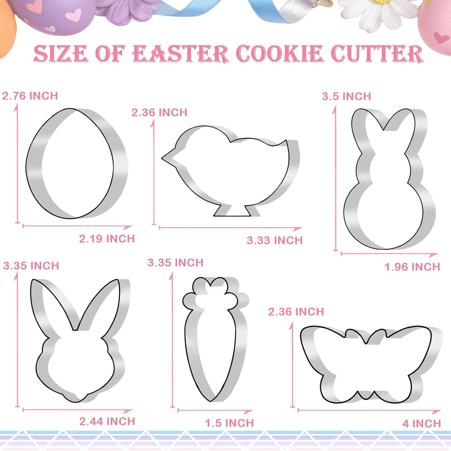 6-Piece Easter Cookie Cutters - Stainless Steel with Safe Rolled Edge, Dishwasher Safe - Includes Bunny, Chick, Egg, Carrot, Butterfly & Rabbit Shapes for Spring Holiday Baking - Image 2