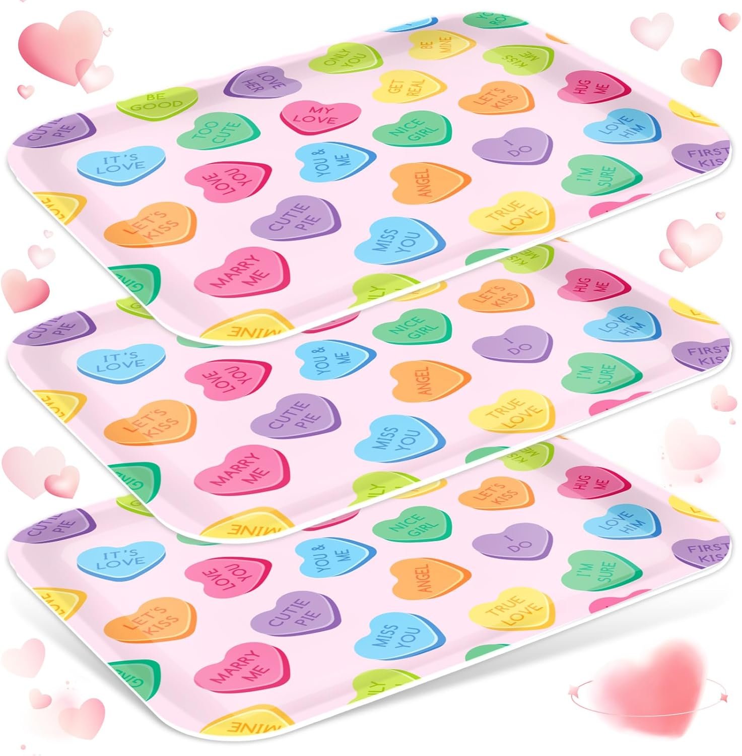JarThenaAMCS 3Pcs 13 x 10 Inch Valentine's Day Serving Trays Candy Conversation Heart Platter Sweet Love Serving Dishes for Party Sharing Snacks Fruit Dessert Candy