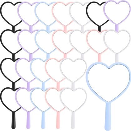 Threehoney 25 Pcs Heart Shaped Handheld Mirror with Handle Bulk Small Portable Travel Makeup Hand Held Mirror 3.15 x 4.72 Inch Mini Plastic Compact Cosmetic Tool for Women Men Girls Daily DIY Use