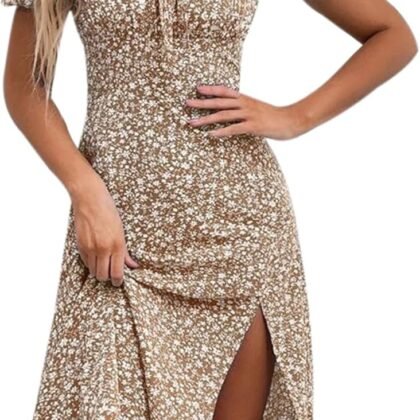 SPRIME Women's Floral Summer Casual Dress Square Neck Puff Sleeve Boho Midi Dresses Ruched Bust High Waist Split Long Dress