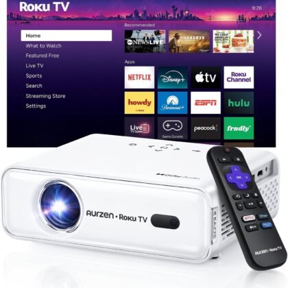 Aurzen Roku TV Smart Projector with Wifi and Bluetooth, Roku Streaming Experience Built-in, 1080P FHD, DoIby Audio, Auto Focus & Keystone, Zoom, Movie Portable Outdoor Mini Projector, White