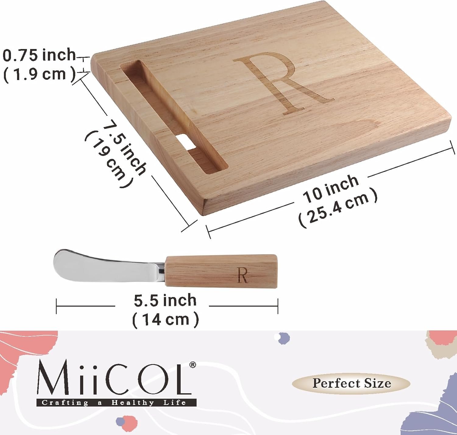 Miicol Wood Charcuterie Board, Monogram Cheese Board 10 Inch, Personalized Initial Cutting Board with Spreader, Unique Housewarming Gift, Ideal for Kitchen, Home, Letter R