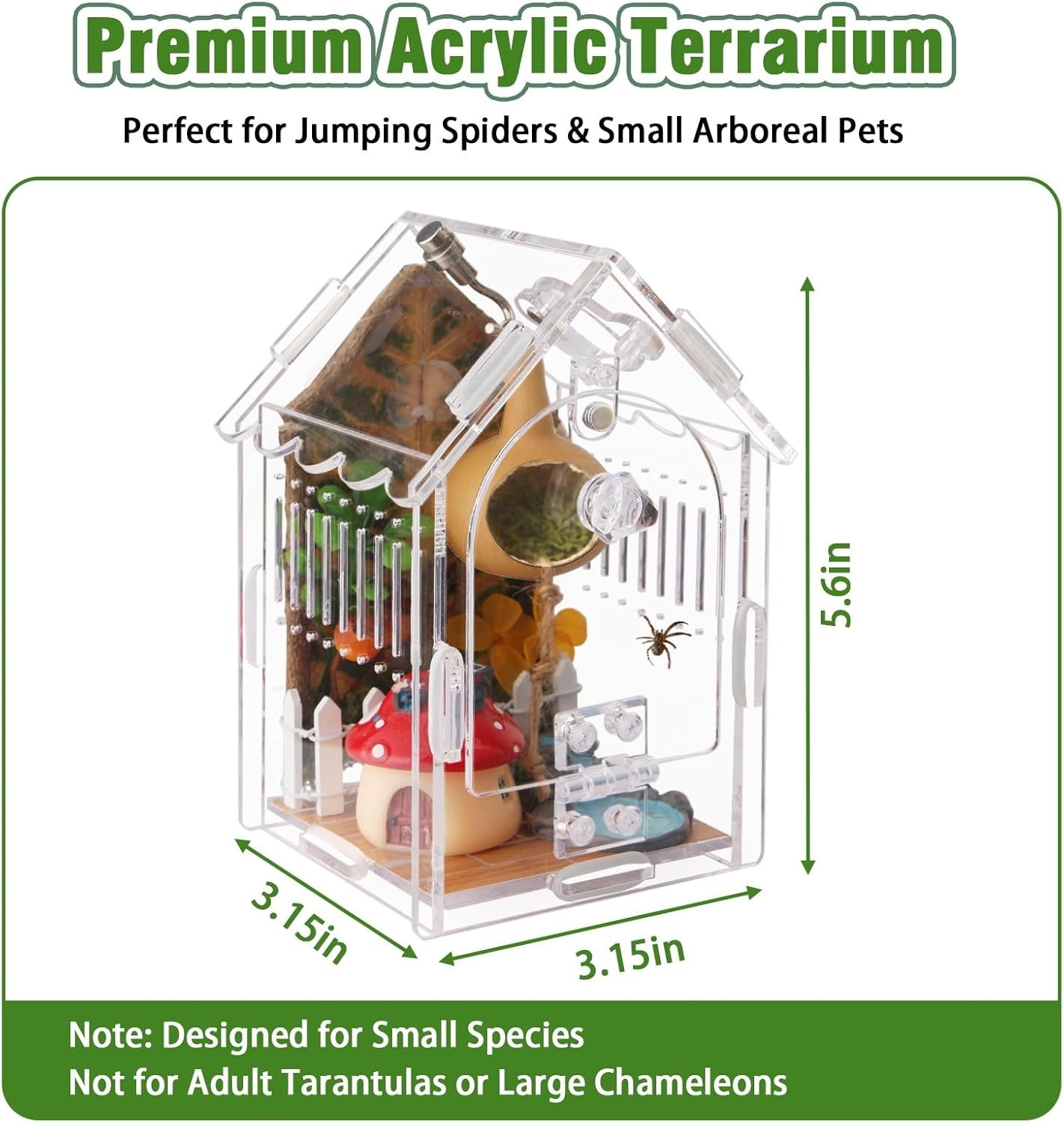 Jumping Spider Enclosure - Internal Dimensions 3.15"x3.15"x5.6" Acrylic Terrarium Kit for Tarantulas/Mantis/Reptiles with Magnetic Door, Ventilation & Easy Assembly - Image 2
