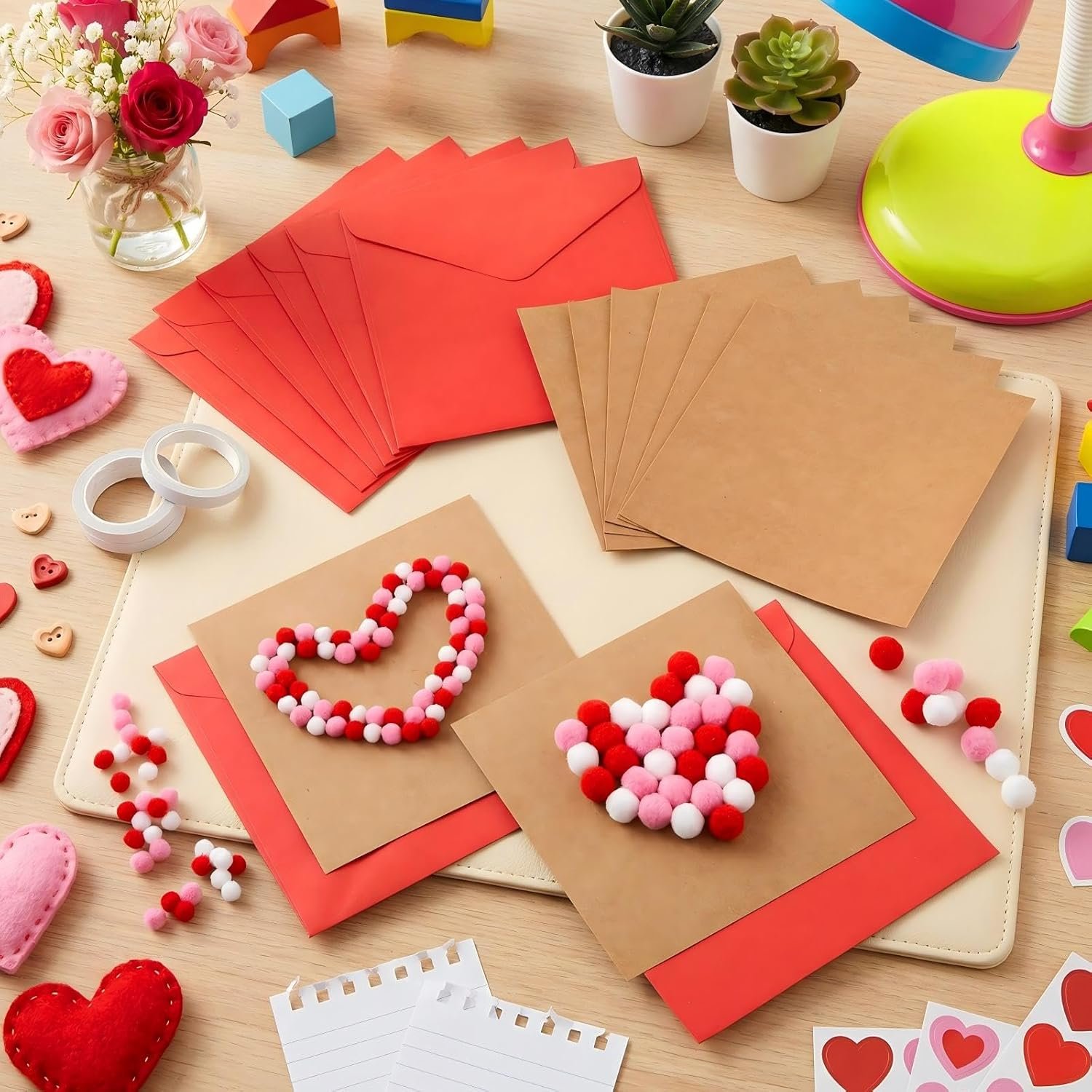 Motipuns 24 Pack Mother's Day DIY Card Making Kit Blank Card Envelopes with 1200 Colorful Pom Poms Balls Heart Decor for Make Your Own Craft Exchange Activity Scrapbook Gift(Pink, Red, White) - Image 4