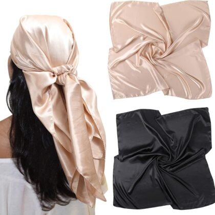 AWAYTR 35” Large Satin Square Head Scarf - 2Pcs Silk Like Floral Head Scarves Square Satin Hair Scarf Bandanas for Women