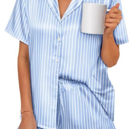 LILLUSORY Womens Satin Silk Pajamas Set 2 Piece Ruffle Pjs Winter Matching Lounge Sleepwear Button Down Striped Shirt Shorts