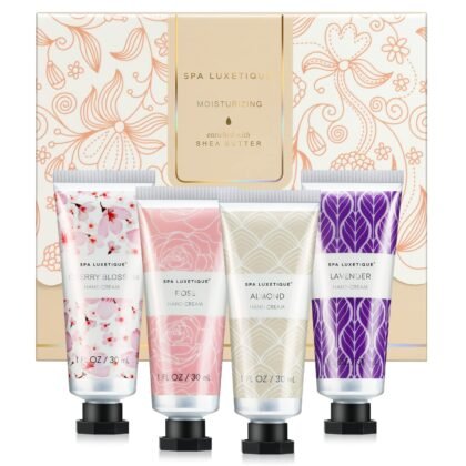 spa luxetique Hand Cream Gifts Set-Easter Basket Stuffers, Mothers Day Gifts, 4 Pack Moisturing Hand Lotion with Shea Butter and Glycerin for Dry Hands, Travel Size Hand Cream for Women Birthday Gifts