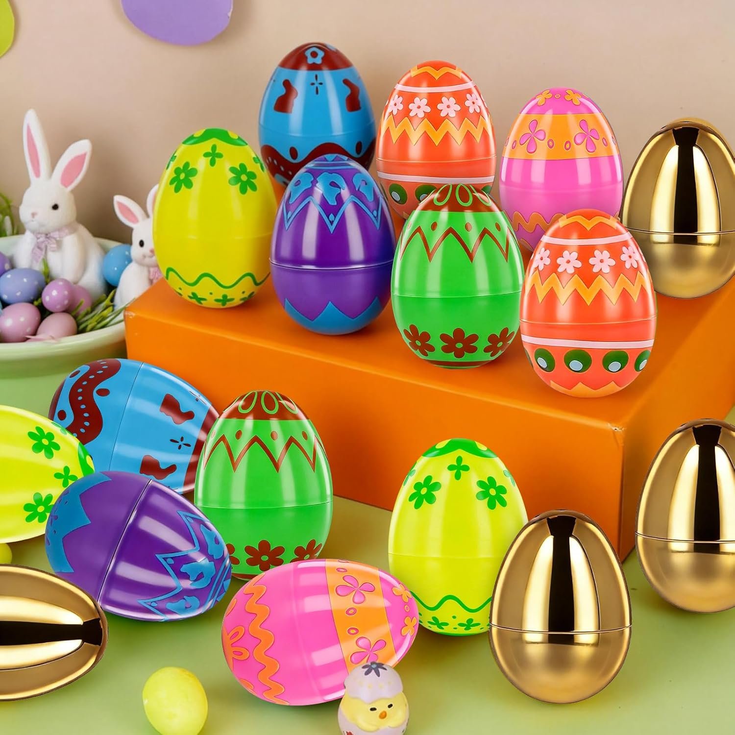 MGparty 50 Pcs Plastic Easter Eggs Empty 2.3 Inch Fillable Easter Eggs Bulk with 2 Golden Eggs, Printed Plastic Eggs for Easter Egg Hunt, Basket Stuffers, Party Favors, Classroom Prizes Decorations - Image 7