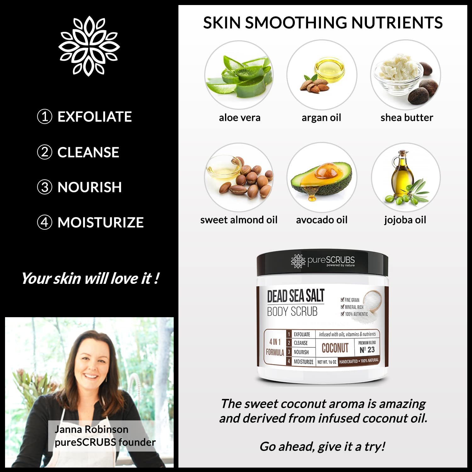 pureSCRUBS Premium Coconut Body Scrub Set - Large 16oz Dead Sea Salt Body Scrub With Infused Essential Oils & Nutrients, Includes Wooden Spoon, Loofah & Oatmeal Exfoliating Bar Soap - Image 4