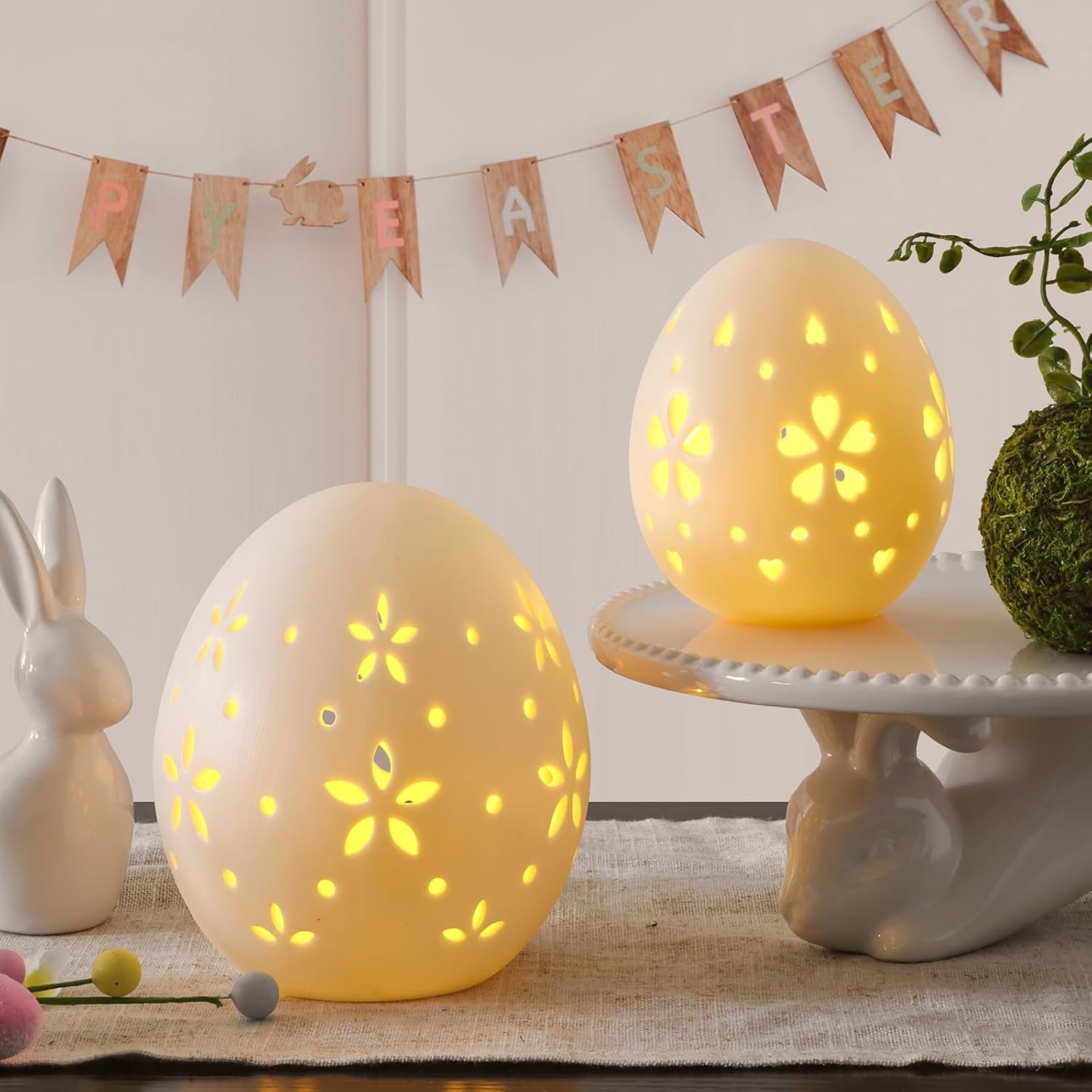 Easter Decorations: White Ceramic Lighted Easter Egg Set of 2, Farmhouse Rustic Hollow Easter Eggs Light Up Tabletop Statue, Easter Home Table Decor, Hunting Party Supplies Gifts for Kids - Image 7