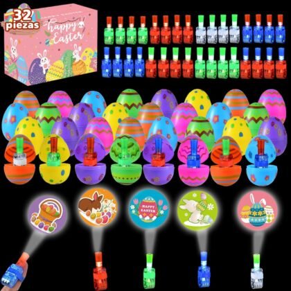 32 Prefilled Easter Eggs with Finger Lights Egg Fillers, Easter Basket Stuffers Gifts for Kids Teens Plastic Glow In The Dark Easter Eggs Filled Toys for Kids Boys Girls Party Favors Egg