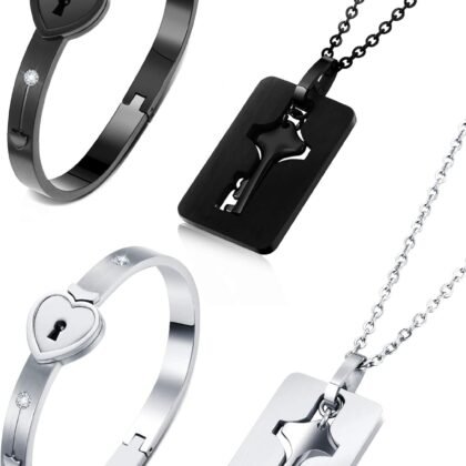Hicarer 2 Sets Lock Bracelet and Key Necklace Titanium Steel Couples Jewelry Set Romantic Gift for Valentines Day, Birthday, Wedding, Anniversary(Classic Styles)