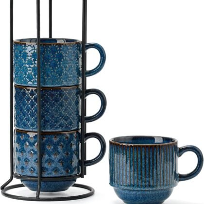 Large Ceramic Coffee Mug Set of 4 with Stand, 15 Oz Stackable Different Embossment Ribbed Latte Cup Set for Cappuccino, Tea, Hot Cocoa, Drinks - Dishwasher & Microwave Safe, Blue