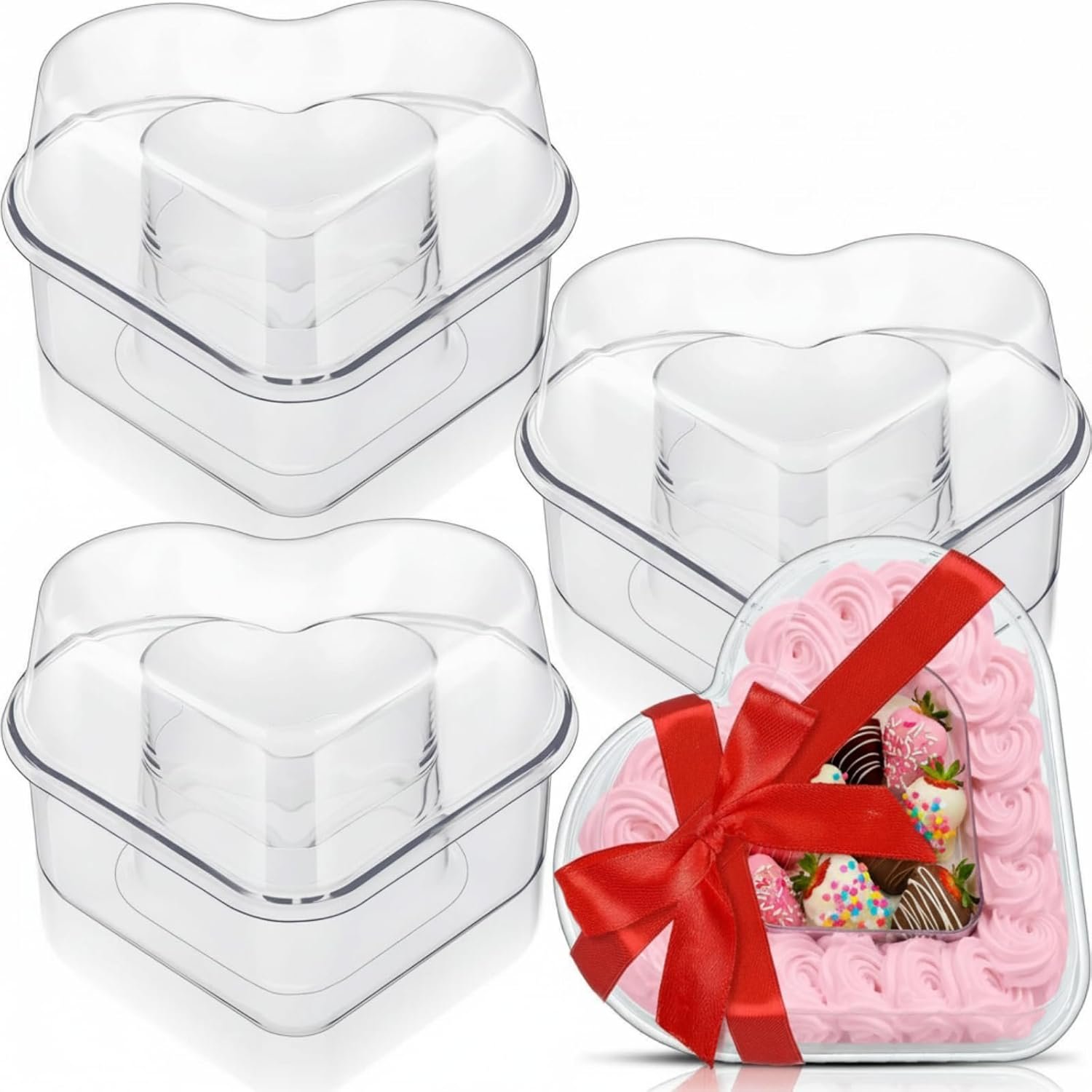 4 Pcs Valentine's Day Heart Shaped Plastic Container 5.4" W x 3.5" H Clear Double-heart Box with Lid Valentine's Plastic Storage Box with Ribbon for Packaging Candies, Dessert, Snack