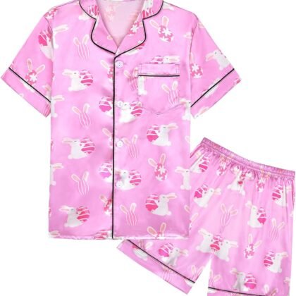 Nidoul Girls Pajamas Satin Short Sleeve Button Down Silky Pjs Girls' Sleepwear Set for Toddler Kids 3T-10Y