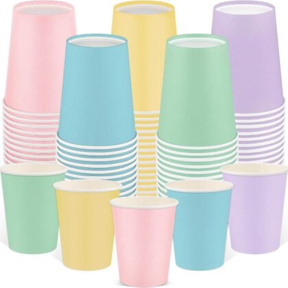 100 Pack Pastel Rainbow Paper Cups, 9oz Pastel Party Cups Colored Paper Cup, Disposable Easter Cups Bulk for Birthday Holiday Easter Party Supplies, 5 Colors