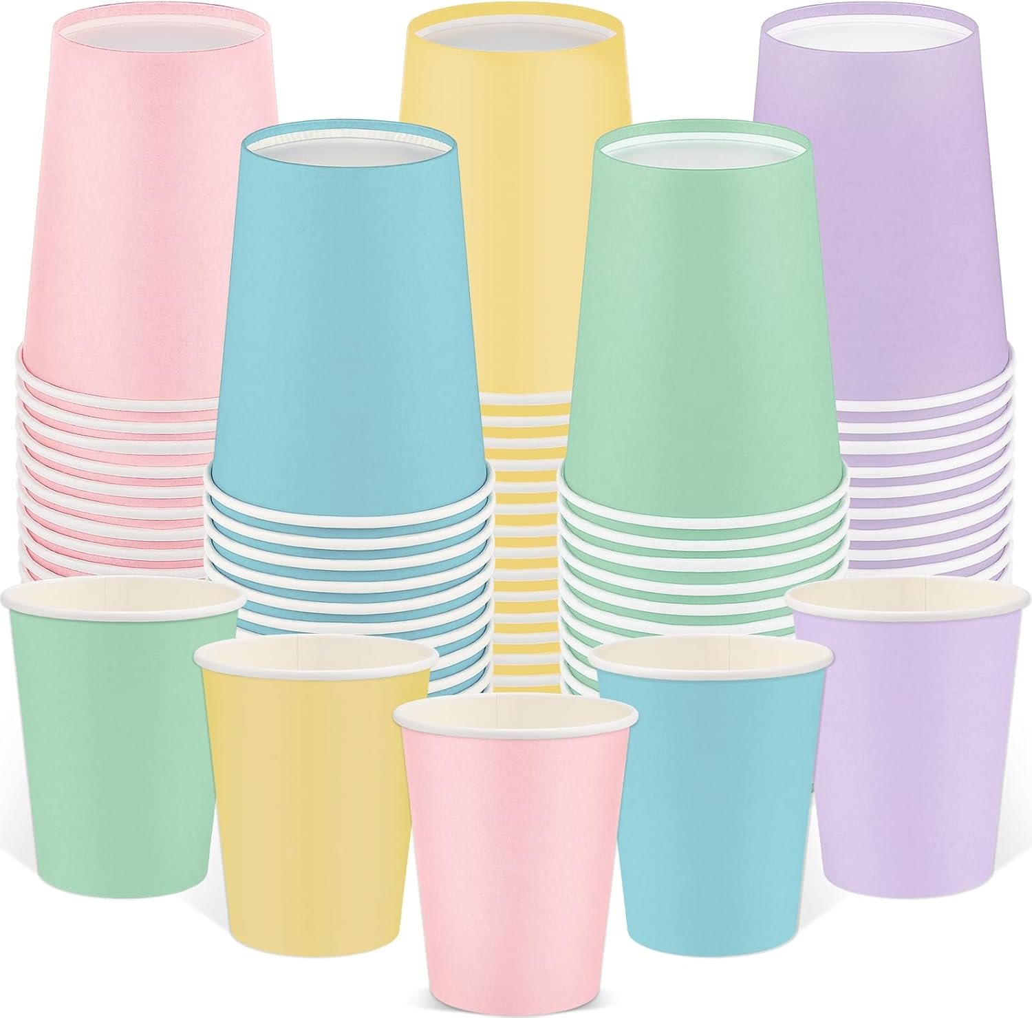 100 Pack Pastel Rainbow Paper Cups, 9oz Pastel Party Cups Colored Paper Cup, Disposable Easter Cups Bulk for Birthday Holiday Easter Party Supplies, 5 Colors