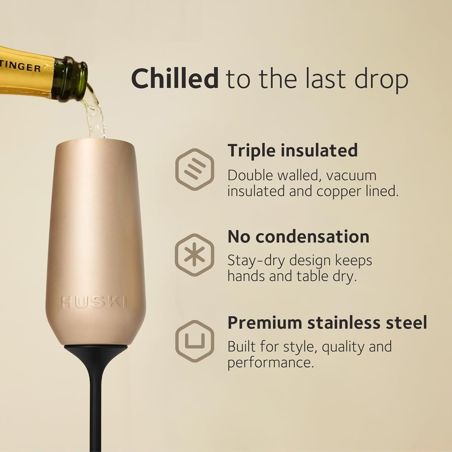 Huski Champagne Flute | NEW | Award-winning Design with Detachable Stem | Premium Stainless Steel Champagne Glass with Lid | Triple Insulated Tumbler | 8oz Capacity | Great Gift (Champagne) - Image 3