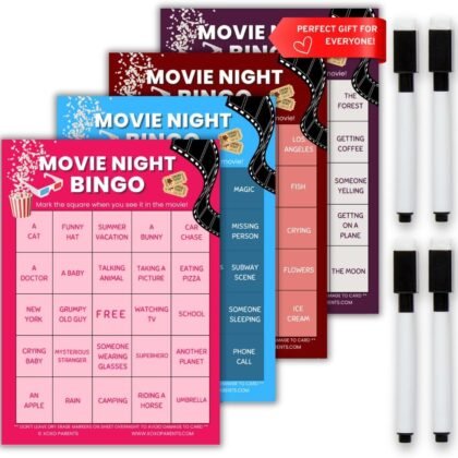 XOXO Parents Movie Night Bingo Cards – Fun Game for Adults & Kids | 4 Reusable Bingo Cards with Dry Erase Markers | Gifts for Movie Lovers, Family Game Night Ideas, Raffle & Fundraiser