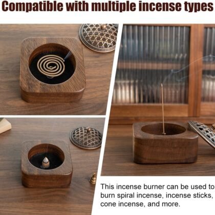Square Incense Burner Holder - 4" Handcrafted Walnut Wood Censer with Metal Alloy Lid | Natural Incense Stick/Bowl Tray for Yoga & Meditation | Luxury Home Decor Gift for Zen Lovers