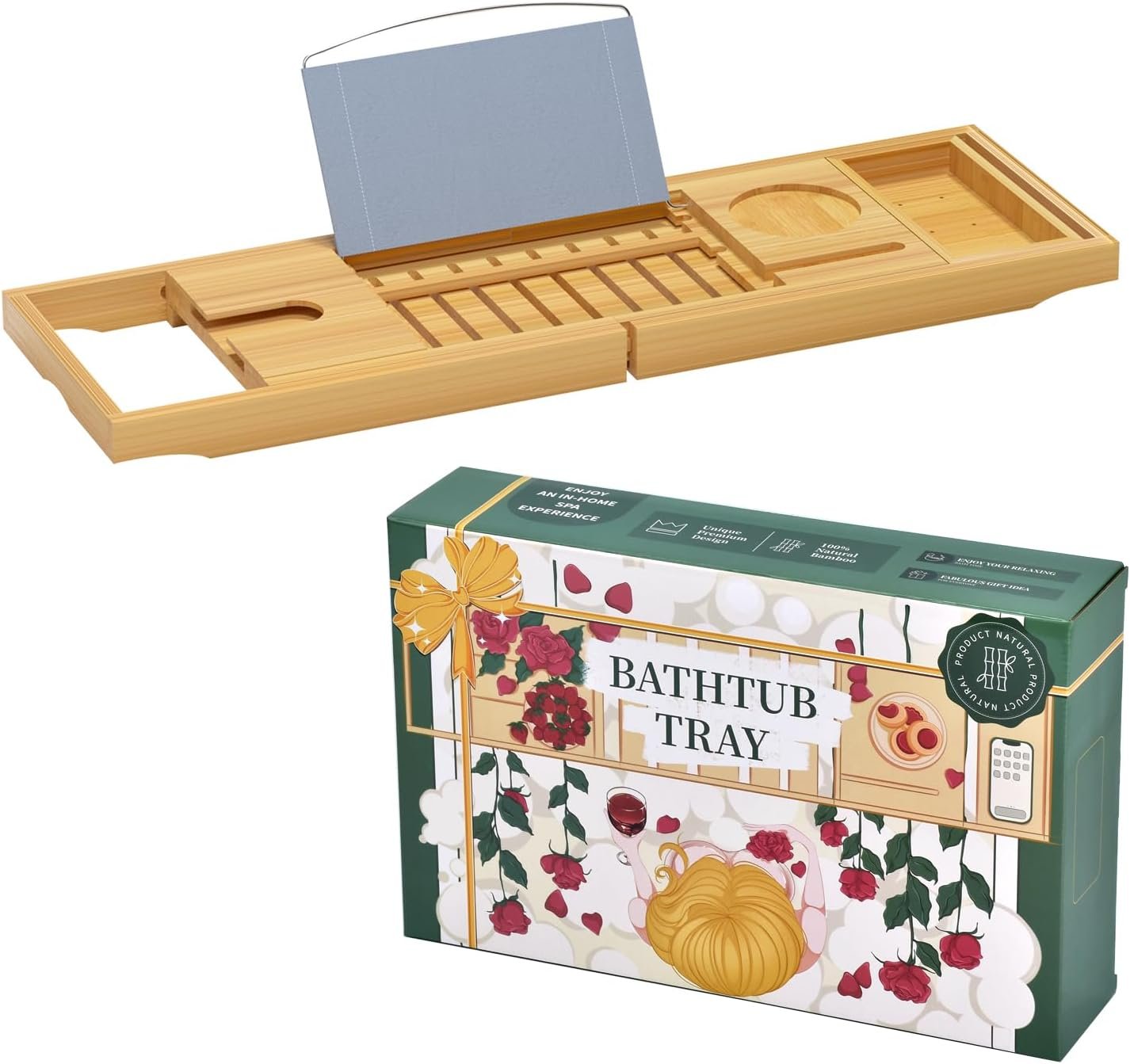 Luxury Bamboo Bathtub Tray - Wooden Expandable Caddy with Book, Tablet, Wine Holder - Gift Idea - Image 6