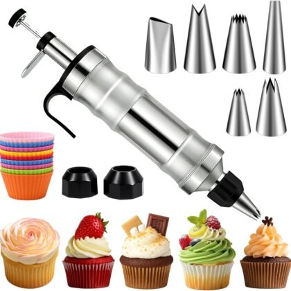 FANTEXY Dessert Decorating Syringe Set, Icing Piping Kit Stainless Steels Cake Decorating Tools 6 Piping Icing Nozzles Cupcake Decorating Kit