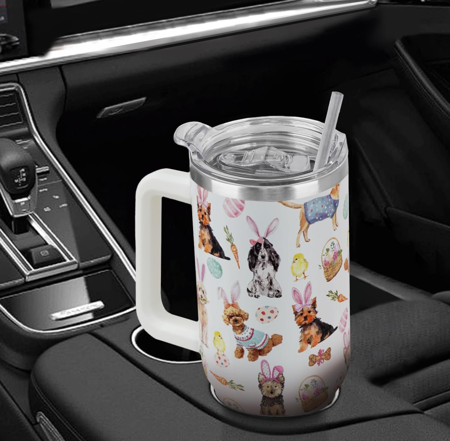 Easter Tumbler 40 oz Bunny Ears Dog Cup Coffee Mugs Cute Puppy Chick Leak Proof Cups with Handle and Straw Stainless Steel Vacuum Insulated Water Bottle Easter Gifts Spring Decor (1PCS) - Image 6