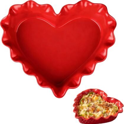 FoldTier 9in Valentine's Day Heart Shaped Deep Pie Dish 2.6in Ceramic Ruffle Heart Pie Pan Baking Dish for Valentine Wedding Anniversary Party Apple Quiche Pot Pies Tart for Microwave Oven(Red)