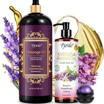 Pjordo 2 Pack Massage Oil for Massage Therapy, Lilac Oil, Lavender Massage Oil for Skin, with Massage Roller Ball, Natural Body Oil for Calming, Aromatic, Soothing, Spa Gift Set for Him Her