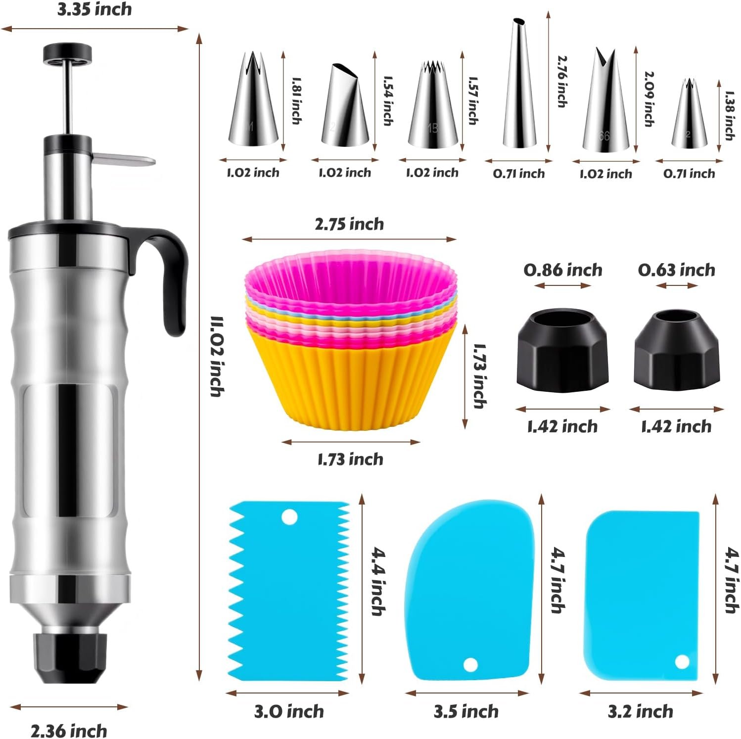 Dessert Decorating Syringe Set, Stainless Steel Frosting & Icing Piping Kit with 6 Tips and 9 Silicone Cupcakes,3 Cream Scraper for Cake Decorating Tools Cupcake Decorating Kit - Image 7