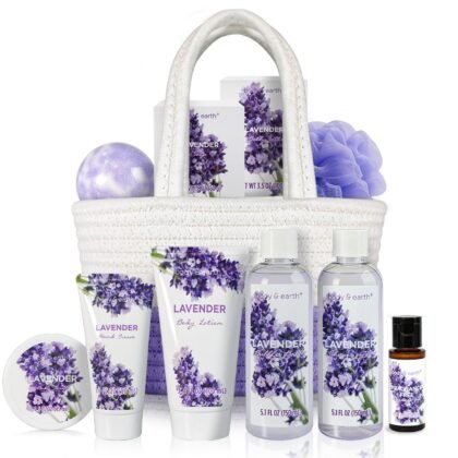 BODY & EARTH Spa Gift Baskets for Women 11pcs Lavender Gift Sets with Bubble Bath, Shower Gel, Body Lotion, Mom Birthday Gifts, Spa Kit, Purple Gift for Her, Mothers Day Gifts for Mom