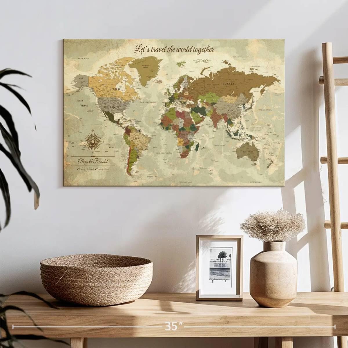 ElephantStock - Personalized Travel Together I Push Pin World Map Wall Art - Horizontal Canvas Wall Art - Living Room Wall Decor - Digital Art Map Canvas Art - Brown And Yellow Decor - 24" x 16" - Image 3