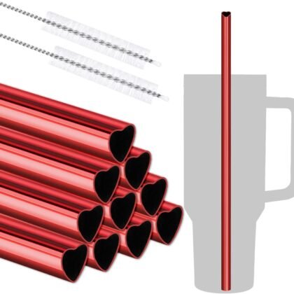 NiHome 10-Pack Heart-Shaped Stainless Steel Drinking Straws with 2 Cleaning Brushes, 12" Long Reusable Straws for Stanley Tumbler 30oz 40oz, Dishwasher Safe, Safe Edges for Kids (Pearl Red)