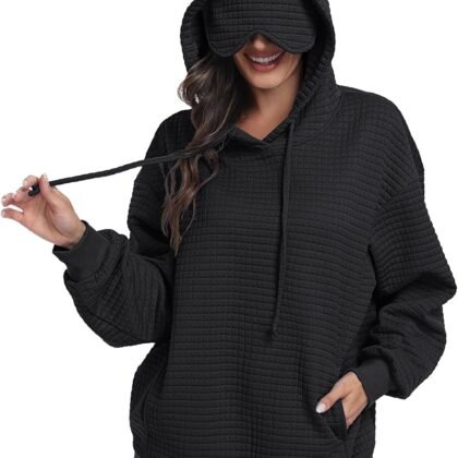 SeSe Code Hoodie With Eye Mask Waffle Hooded Sweatshirts Womens Travel Airplane Sleep Hoodies Mens Oversized Pullover